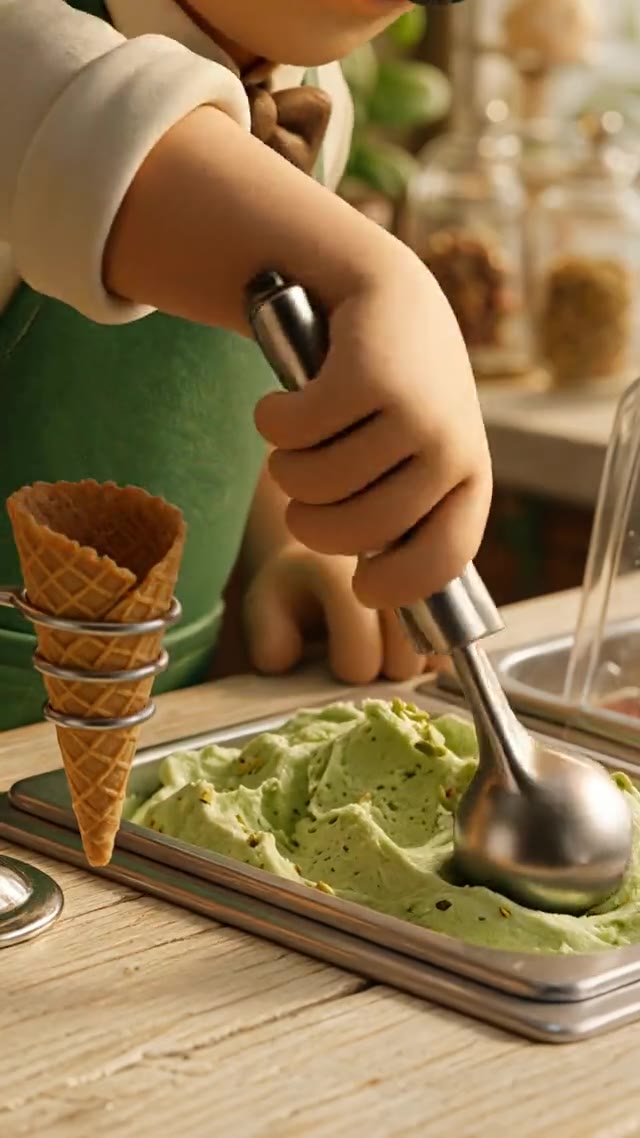 Bola de gelato de pistache sendo escavada