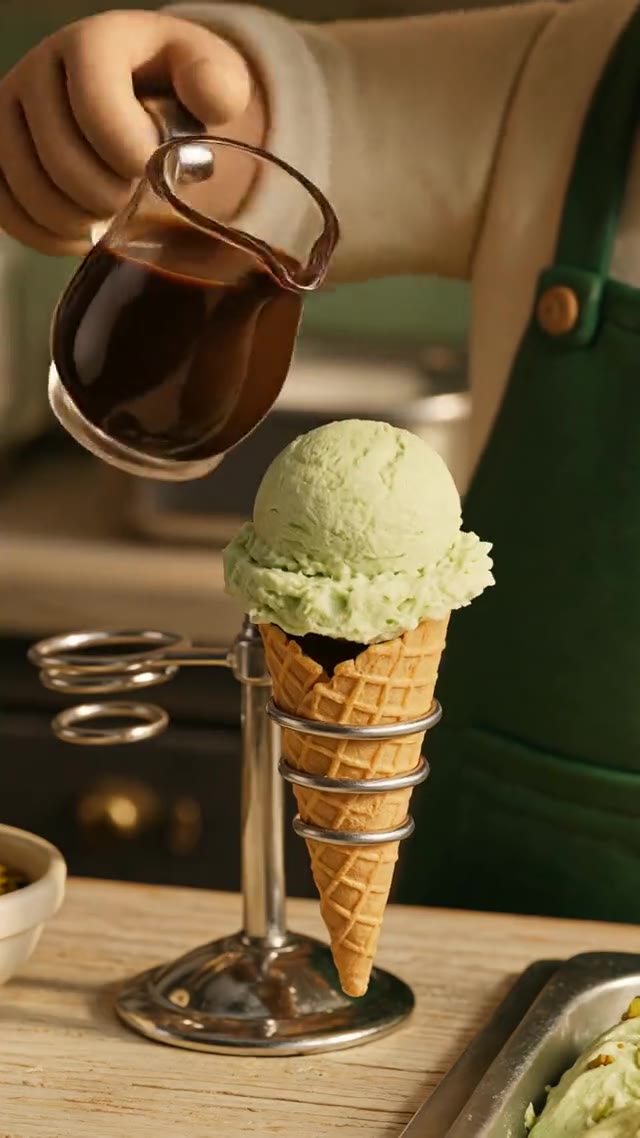 Calda de chocolate derramada sobre o gelato